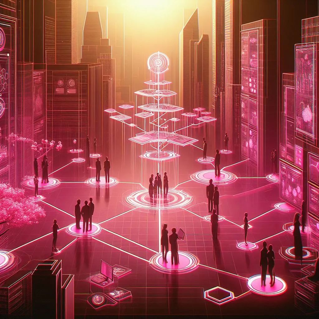 Um diagrama que representa a topologia de times num modelo organizacional corporativo a cena tem tons cor de rosa